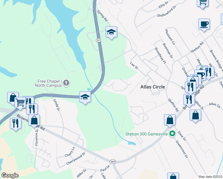 map of restaurants, bars, coffee shops, grocery stores, and more near 1723 Vineyard Way in Gainesville