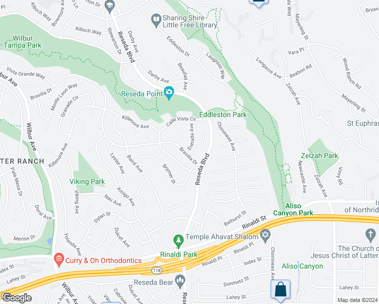 map of restaurants, bars, coffee shops, grocery stores, and more near 18535 Brasilia Drive in Los Angeles