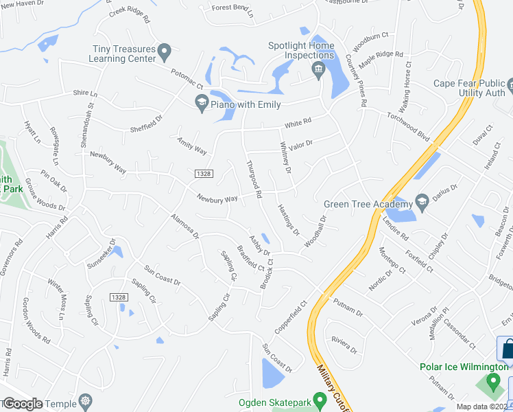 map of restaurants, bars, coffee shops, grocery stores, and more near 7127 Thurgood Road in Wilmington