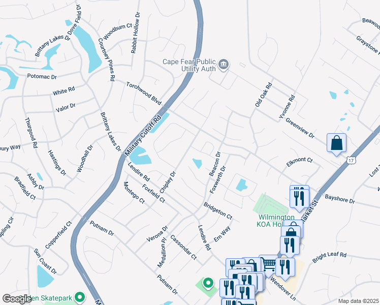 map of restaurants, bars, coffee shops, grocery stores, and more near 7452 Chipley Drive in Wilmington