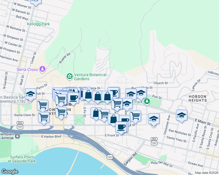 map of restaurants, bars, coffee shops, grocery stores, and more near 941 Buena Vista Street in Ventura