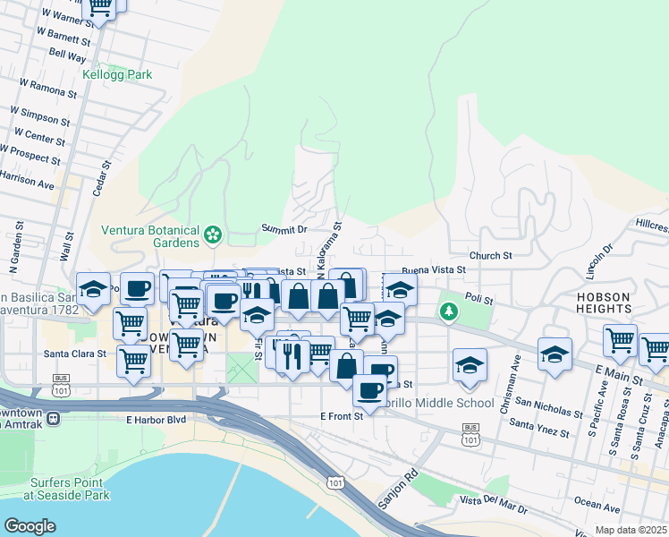 map of restaurants, bars, coffee shops, grocery stores, and more near 941 Buena Vista Street in Ventura