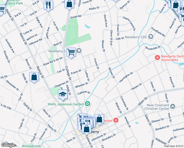 map of restaurants, bars, coffee shops, grocery stores, and more near 1813 Circle Drive in Newberry