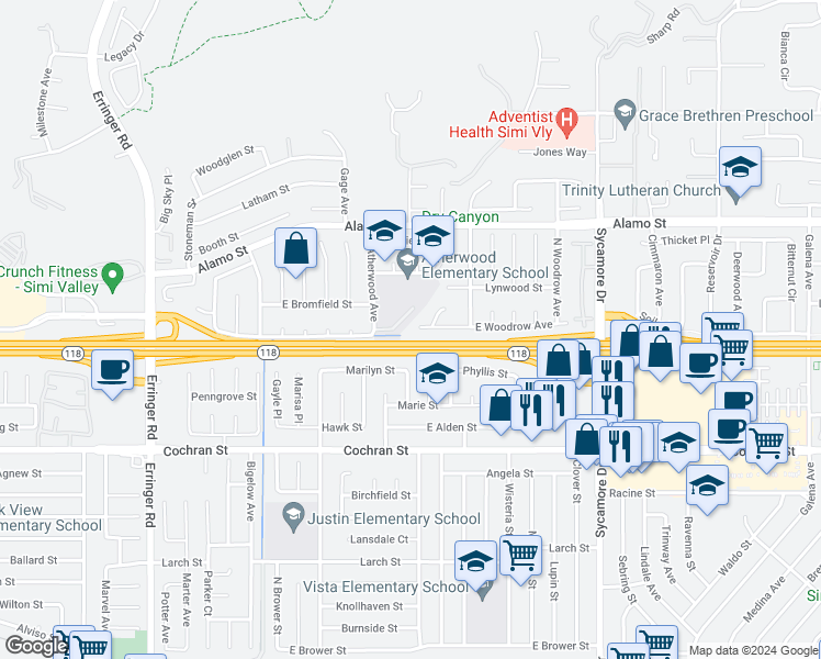 map of restaurants, bars, coffee shops, grocery stores, and more near 2404 East Woodrow Avenue in Simi Valley