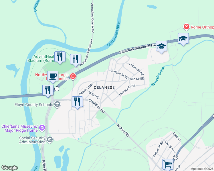 map of restaurants, bars, coffee shops, grocery stores, and more near 16 Dogwood Street Northeast in Rome