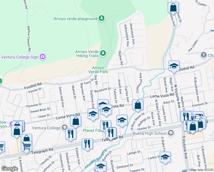 map of restaurants, bars, coffee shops, grocery stores, and more near 5260 Beckford Street in Ventura