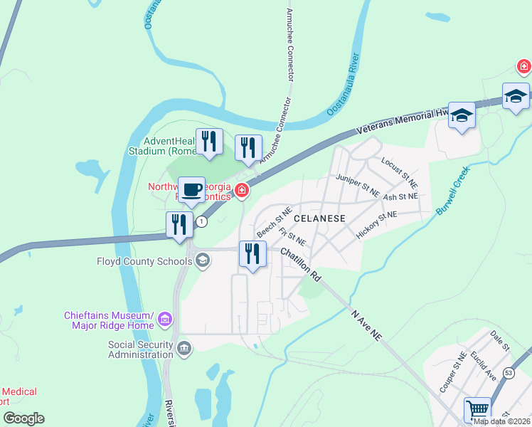 map of restaurants, bars, coffee shops, grocery stores, and more near 10 Beech Street Northeast in Rome