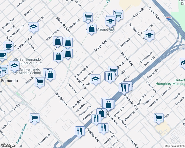 map of restaurants, bars, coffee shops, grocery stores, and more near 13317 Del Sur Street in San Fernando