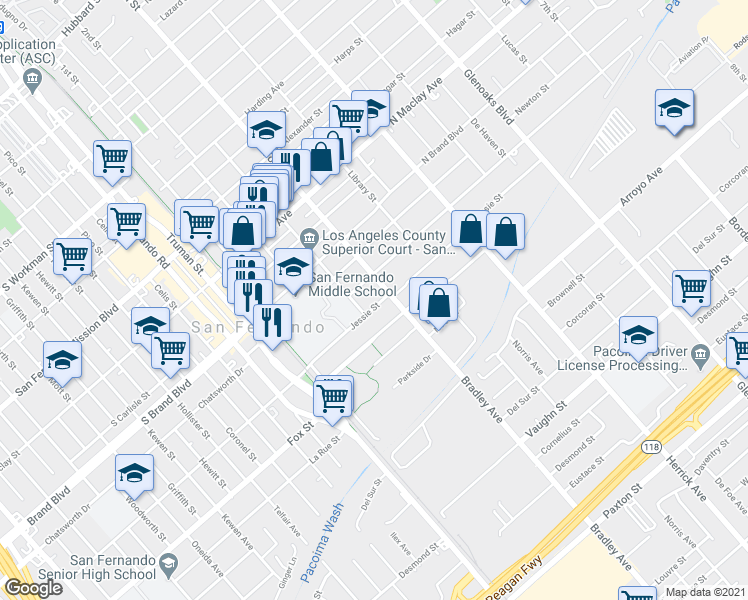 map of restaurants, bars, coffee shops, grocery stores, and more near 308 Jessie Street in San Fernando