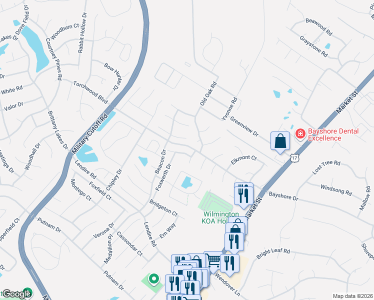 map of restaurants, bars, coffee shops, grocery stores, and more near 300 Buckhurst Drive in Wilmington