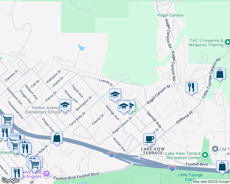 map of restaurants, bars, coffee shops, grocery stores, and more near 11608 Luanda Street in Los Angeles