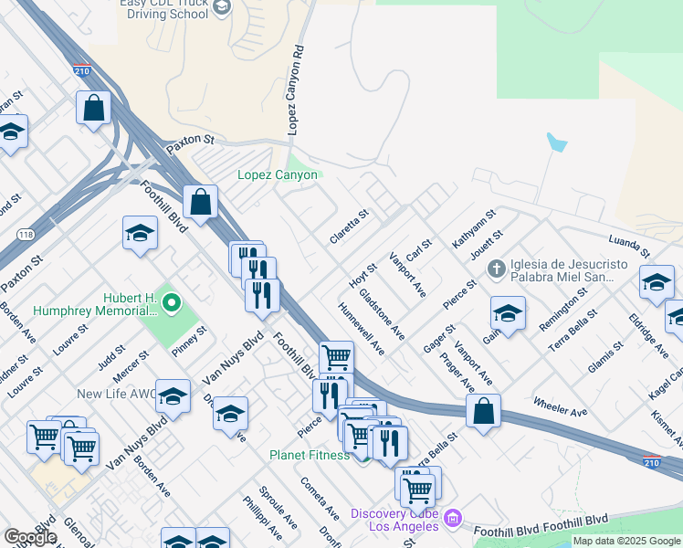 map of restaurants, bars, coffee shops, grocery stores, and more near 12141 Hoyt Street in Los Angeles