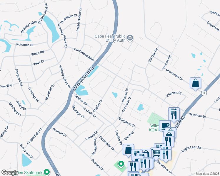 map of restaurants, bars, coffee shops, grocery stores, and more near 7452 Chipley Drive in Wilmington