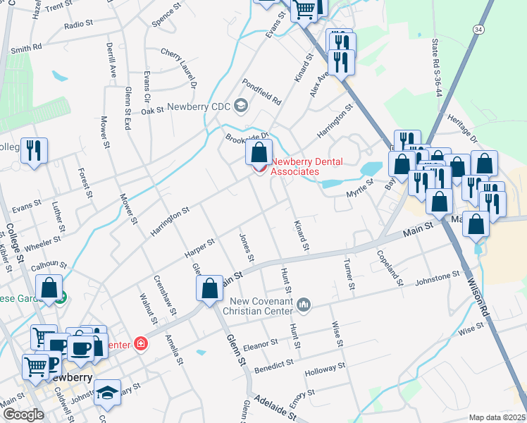map of restaurants, bars, coffee shops, grocery stores, and more near 1300 Hunt Street in Newberry