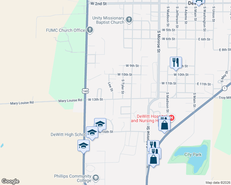 map of restaurants, bars, coffee shops, grocery stores, and more near 1222 South Tyler Street in DeWitt