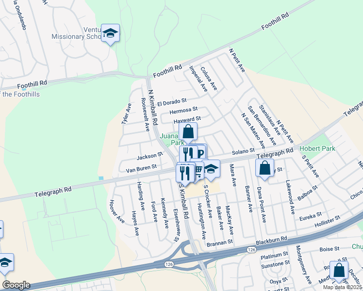 map of restaurants, bars, coffee shops, grocery stores, and more near 7748 Paso Robles Street in Ventura
