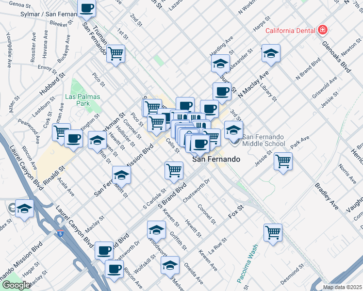map of restaurants, bars, coffee shops, grocery stores, and more near 1100 San Fernando Road in San Fernando