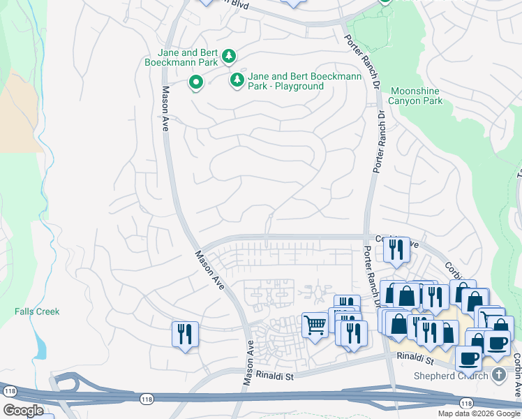 map of restaurants, bars, coffee shops, grocery stores, and more near 20342 West Aberdeen Lane in Los Angeles