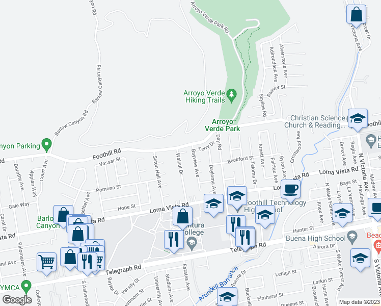 map of restaurants, bars, coffee shops, grocery stores, and more near 475 Bayview Avenue in Ventura