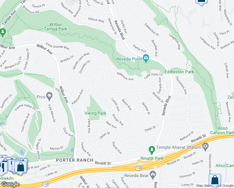 map of restaurants, bars, coffee shops, grocery stores, and more near 18706 Brasilia Drive in Los Angeles