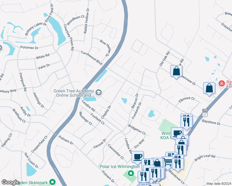 map of restaurants, bars, coffee shops, grocery stores, and more near 7447 Chipley Drive in Wilmington