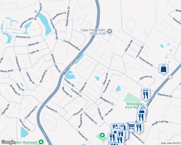map of restaurants, bars, coffee shops, grocery stores, and more near 7447 Chipley Drive in Wilmington