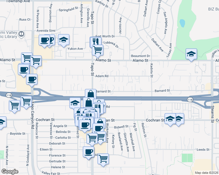 map of restaurants, bars, coffee shops, grocery stores, and more near 4511 Barnard Street in Simi Valley