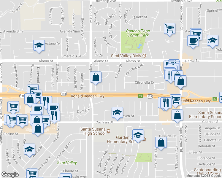 map of restaurants, bars, coffee shops, grocery stores, and more near 2606 Trenley Court in Simi Valley