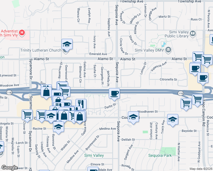 map of restaurants, bars, coffee shops, grocery stores, and more near 2607 Rochelle Place in Simi Valley