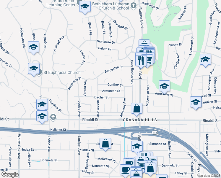 map of restaurants, bars, coffee shops, grocery stores, and more near 17136 Armstead Street in Los Angeles