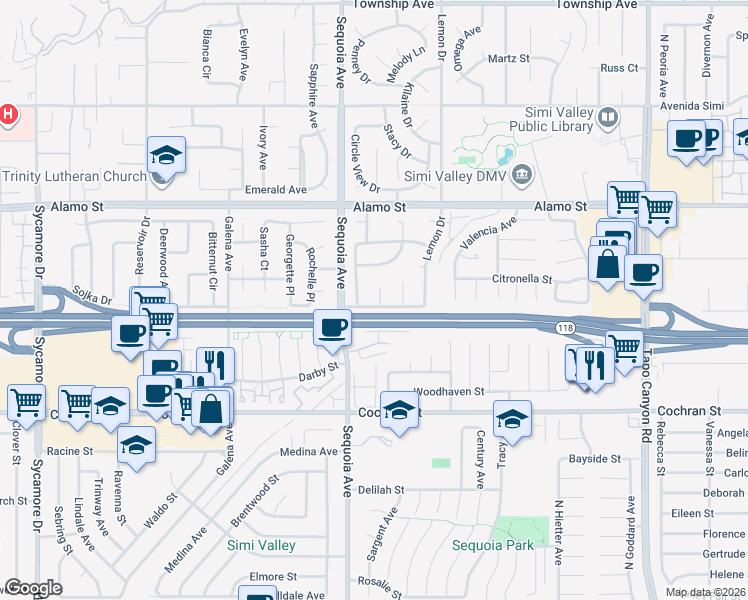 map of restaurants, bars, coffee shops, grocery stores, and more near 2607 Brindle Court in Simi Valley