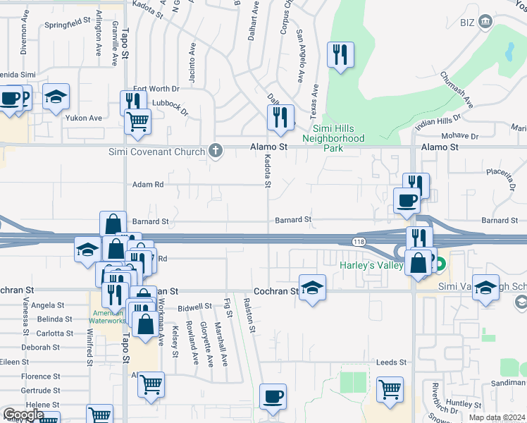 map of restaurants, bars, coffee shops, grocery stores, and more near 2621 Kadota Street in Simi Valley