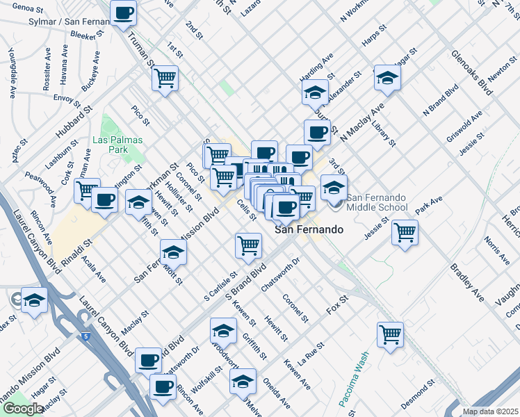 map of restaurants, bars, coffee shops, grocery stores, and more near 1102 San Fernando Road in San Fernando