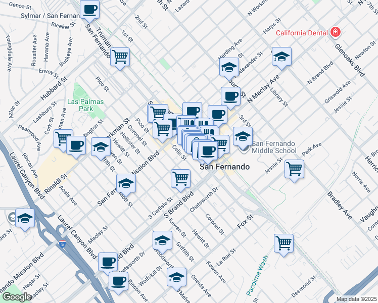 map of restaurants, bars, coffee shops, grocery stores, and more near 1102 San Fernando Road in San Fernando