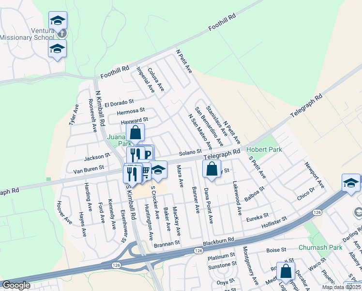 map of restaurants, bars, coffee shops, grocery stores, and more near 30 Alhambra Avenue in Ventura