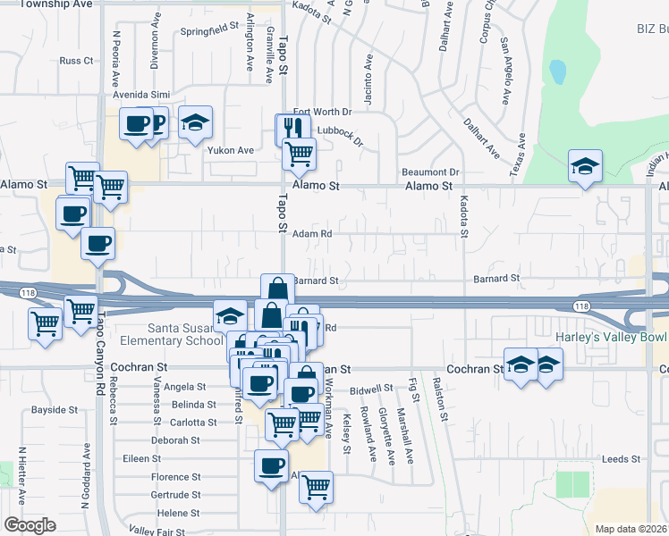 map of restaurants, bars, coffee shops, grocery stores, and more near 4477 Barnard Street in Simi Valley