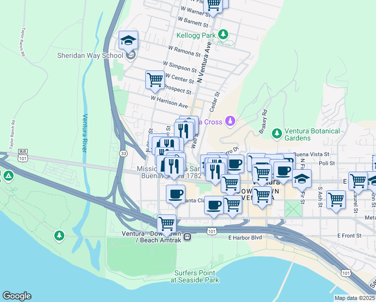 map of restaurants, bars, coffee shops, grocery stores, and more near 139 Wall Street in Ventura
