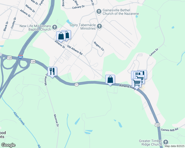 map of restaurants, bars, coffee shops, grocery stores, and more near 991 Cooley Drive in Gainesville