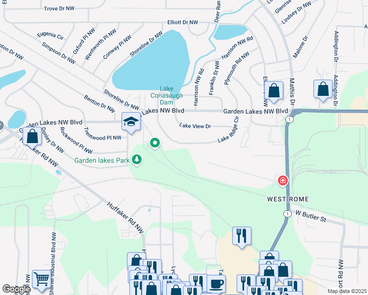 map of restaurants, bars, coffee shops, grocery stores, and more near 2627 Lake Ridge Circle in Rome