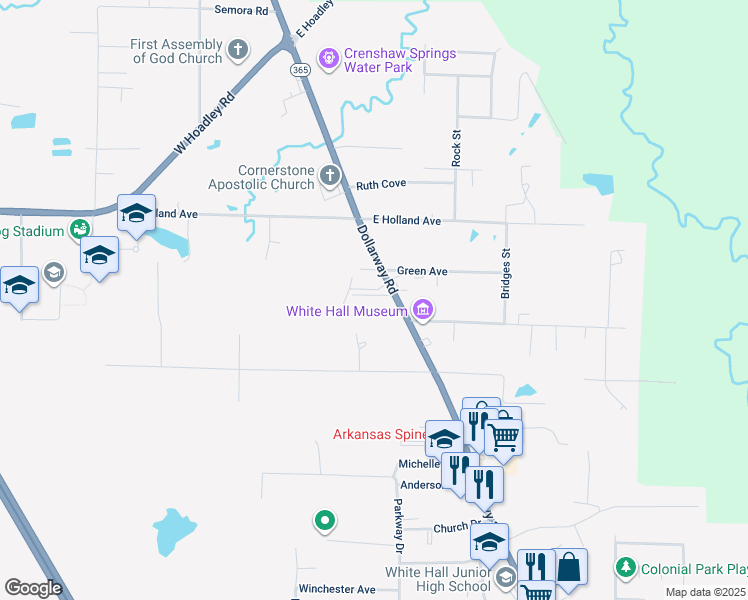 map of restaurants, bars, coffee shops, grocery stores, and more near 520 Mayflower Lane in White Hall