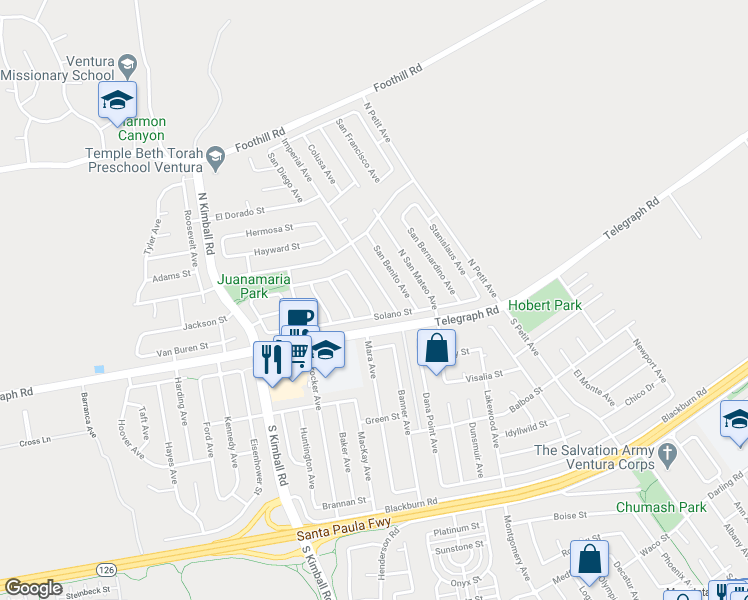 map of restaurants, bars, coffee shops, grocery stores, and more near 30 Alhambra Avenue in Ventura
