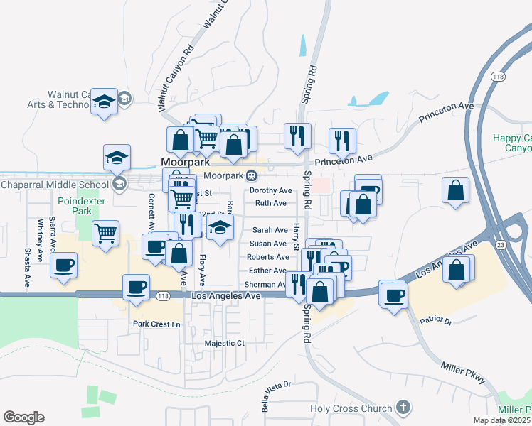 map of restaurants, bars, coffee shops, grocery stores, and more near 374 2nd Street in Moorpark