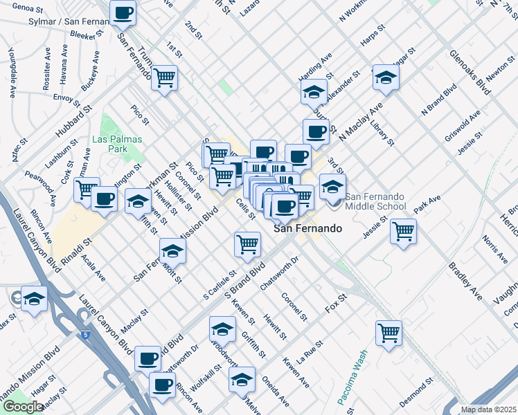 map of restaurants, bars, coffee shops, grocery stores, and more near 1100 San Fernando Road in San Fernando