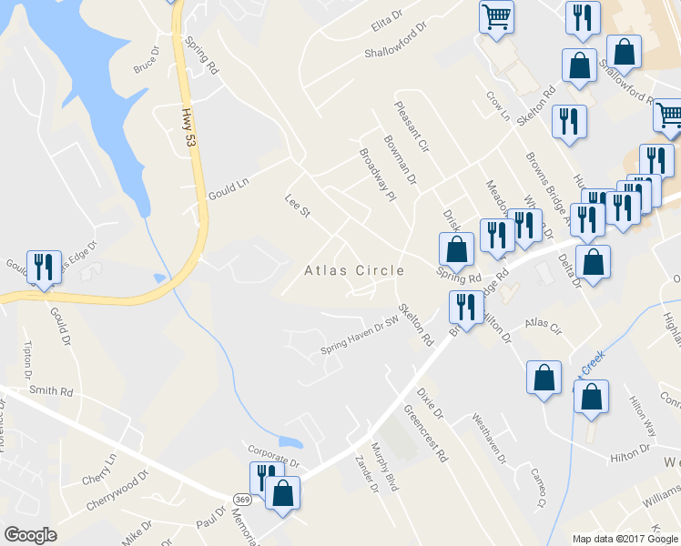 map of restaurants, bars, coffee shops, grocery stores, and more near 2214 Skelton Circle in Gainesville