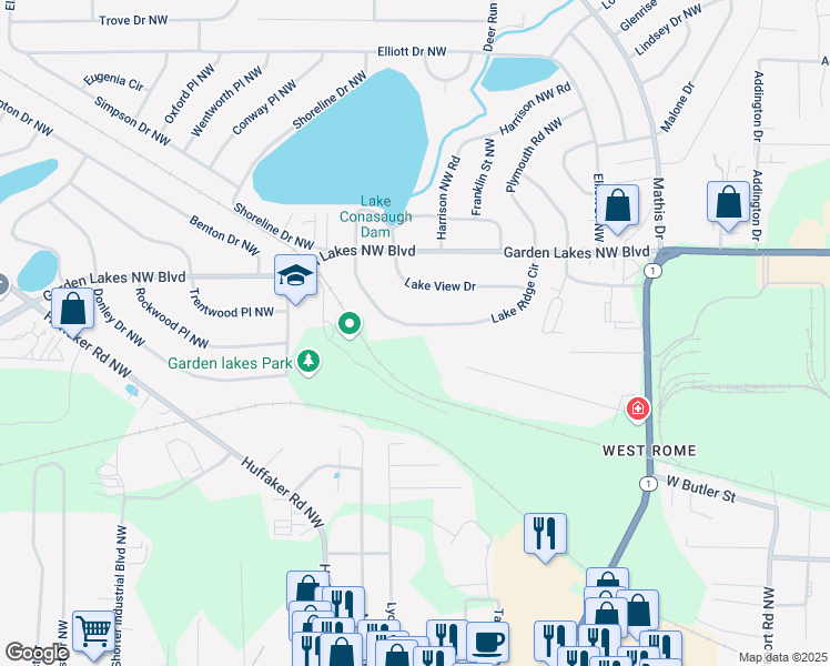 map of restaurants, bars, coffee shops, grocery stores, and more near 2627 Lake Ridge Circle in Rome