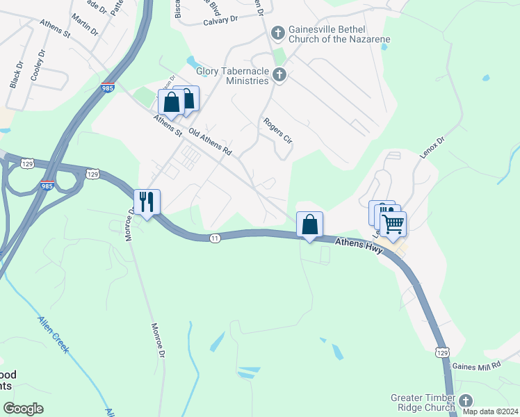 map of restaurants, bars, coffee shops, grocery stores, and more near 1820 Moore Lane in Gainesville