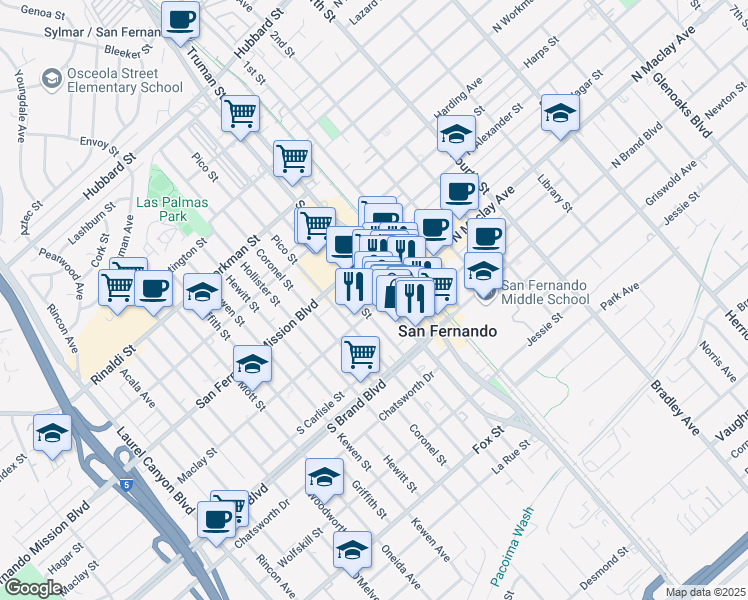 map of restaurants, bars, coffee shops, grocery stores, and more near 1102 San Fernando Road in San Fernando