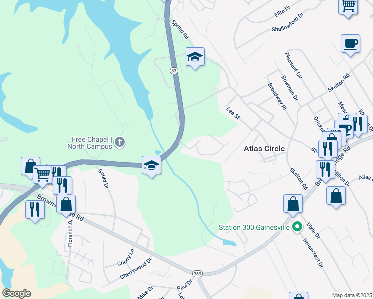map of restaurants, bars, coffee shops, grocery stores, and more near 1240 Vineyard Way in Gainesville