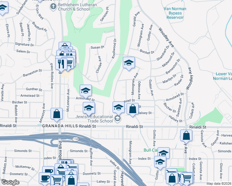map of restaurants, bars, coffee shops, grocery stores, and more near 16622 Gunther Street in Los Angeles