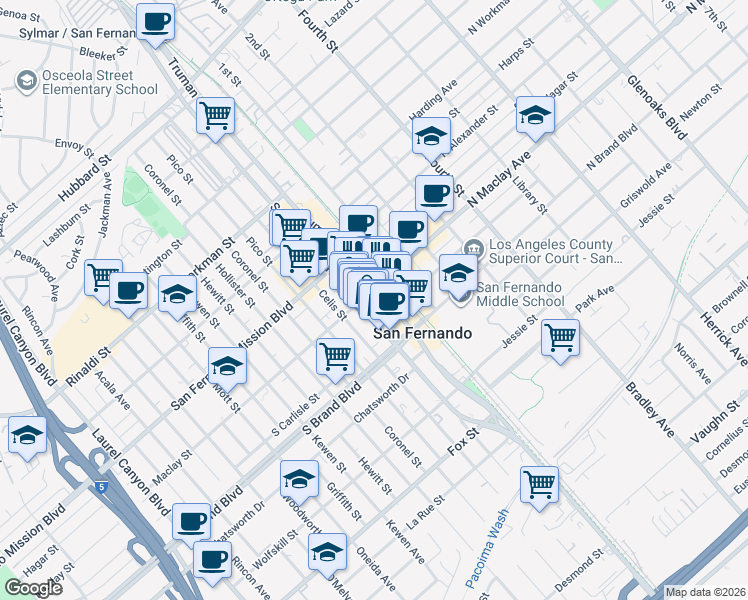 map of restaurants, bars, coffee shops, grocery stores, and more near 1038 San Fernando Road in San Fernando